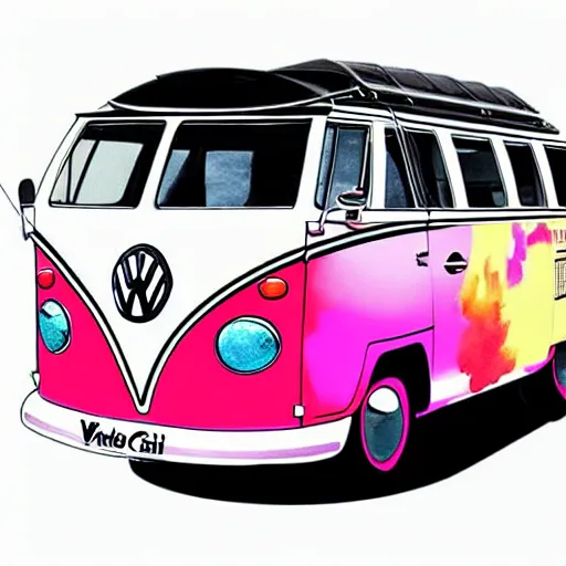 Image similar to fisheye perspective caricature watercolor painting of a vw volkswagen bus, bulli, type - 2, microbus, kombi from pixars cars with eyes instead of a windshield flying towards the camera, jumping at the viewer doors fully open, luggage in the air, dynamic action shot, fish eye lense, frontal, huge vulcano is seen in the background