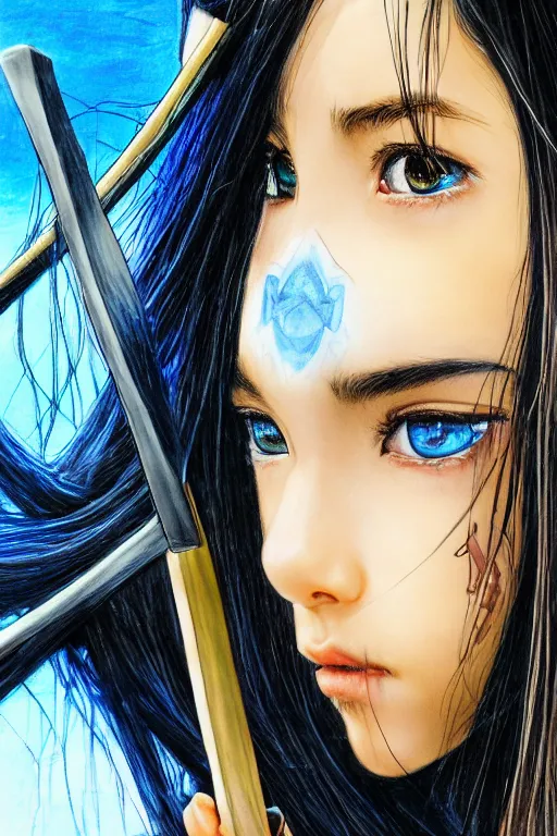 Image similar to highly detailed beautiful photo of madison beer as a young female samurai, swinging her sword, symmetrical face, beautiful eyes, cobalt blue hair, realistic anime art style, 8 k, award winning photo, pastels colours, action photography, 1 / 1 2 5 shutter speed, sunrise lighting