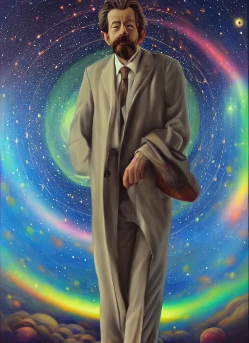 Image similar to alan watts floating in the universe full body oil on canvas painting highly detailed, featured on artstation