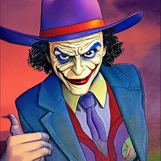 Image similar to jean giraud and moebius and don lawrence and alex ross and john romita jr, gouache and wash paints, smooth focus, sharp details, detailed details, bokeh, 4 k, fine 5 k details, fine details, fine intricate, fine facial proportionate, fine body proportionate / joaquin phoenix joker comic panel