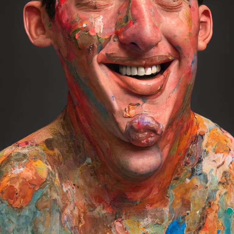 Image similar to beautiful studio photograph of colorful postmodern portrait sculpture of adam sandler smiling, beautiful symmetrical face accurate face detailed face realistic proportions, made of watercolor - painted plaster on a pedestal by ron mueck and matthew barney and greg rutkowski, hysterical realism intense cinematic lighting shocking detail 8 k