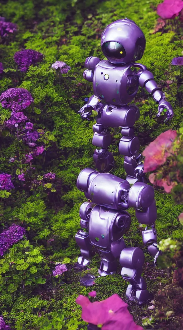 Prompt: small toy robot in a garden, hyper detailed, sharp focus, bokeh, unreal engine, ray tracing, cute, fantasy, sci fi, purple lights, tiny, small