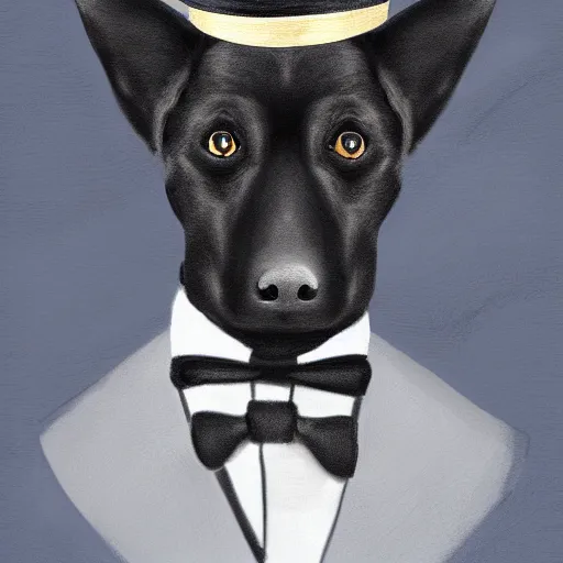 Prompt: portrait of a black dog wearing a suit and a top hat and a monocle on one eye, digital painting, duotone