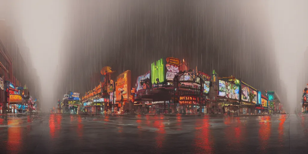 Image similar to street at las vegas, foggy rainy day, matte painting, studio ghibli, artstation