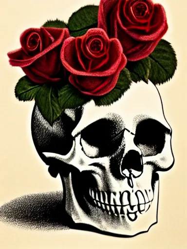 Image similar to still life of a skull, roses and a tarantula