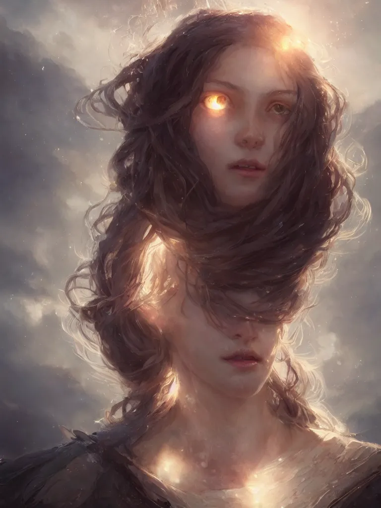 Image similar to a portrait of a beautiful hopeful lady with pretty eyes, beautiful eyes, highly detailed eyes, looking up onto the sky, light smiling, art of wlop and greg rutkowski, intricate, high details, epic fantasy art, bright light masterpiece, ray of light through white hair