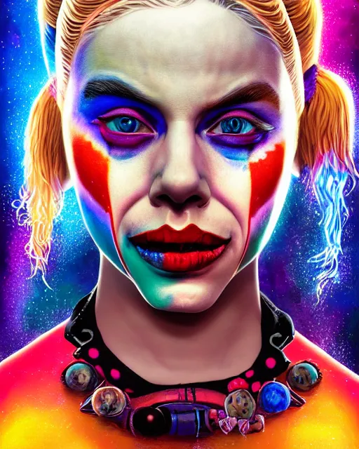 Prompt: portrait ultra dimensional harley quinn entity, accidentally tripping on dmt and acid, psychedelic experience, overwhelming psychosis of self realization and burning awakening, ultra high definition, unreal engine 5, hyperrealism, masterpiece composition, by casey weldon, barclay shaw 8 k photorealistic