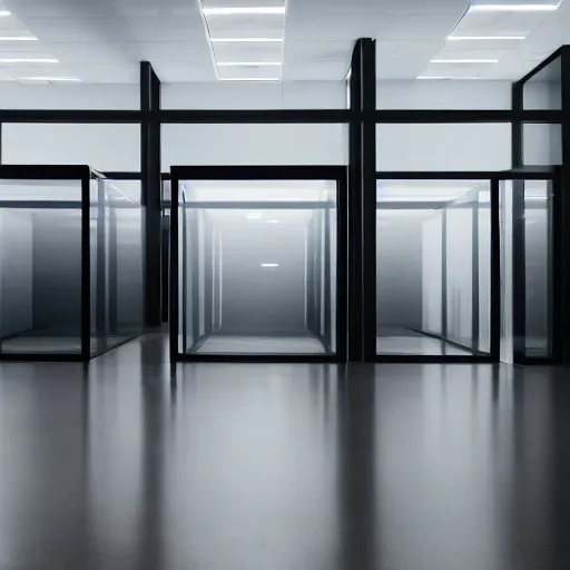 Prompt: HD photo of an office full of cubicles. The scene is dark and foreboding. A thin layer of fog covers the floor. Dark shapes of office workers move in the background.