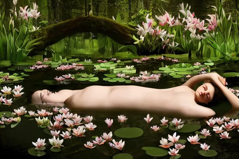 Prompt: hyperrealistic cinematic 3 d scene of a woman's porcelain face floating in a pond, surrounded by a forrest of lillies, deep focus, intricate, elegant, highly detailed, matte, sharp focus, by bill henson and gregory crewdson and james jean and daniel arsham