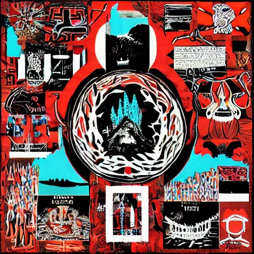 Prompt: Collage, vivid sound by Radiohead, hunting, despot, logo, logo, logo ultra detailed, Tchock, by Tchock, by Stanley Donwood