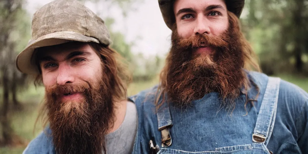 Image similar to extremely muscular beautiful handsome redneck white male with long beard, wearing dirty overalls, dirty greasy face, grin, portrait, close up, kodak gold 2 0 0, 5 0 mm