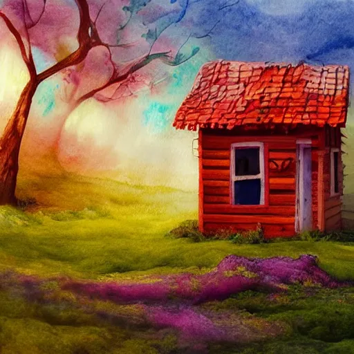 Image similar to small wooden house in the middle of spring forest, bright colours, watercolor, volumetric wool felting, macro photography, children illustration, by rhads