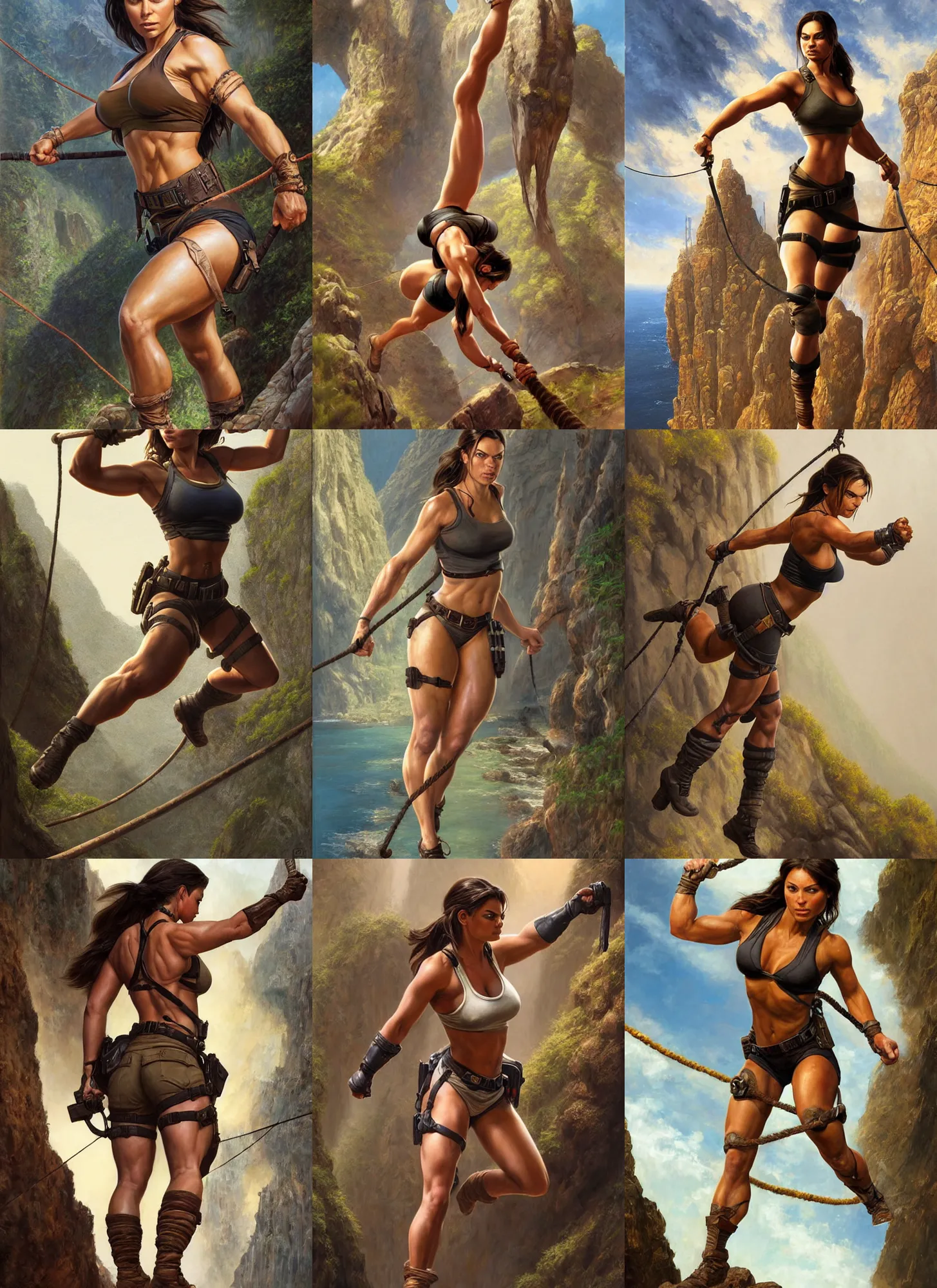 Image similar to portrait of very muscled Mila Kunis as Lara Croft balance walking a tight rope over deep chasm, elegant, highly detailed, centered, digital painting, artstation, artgerm, donato giancola, Joseph Christian Leyendecker, WLOP, Boris Vallejo, Artgerm