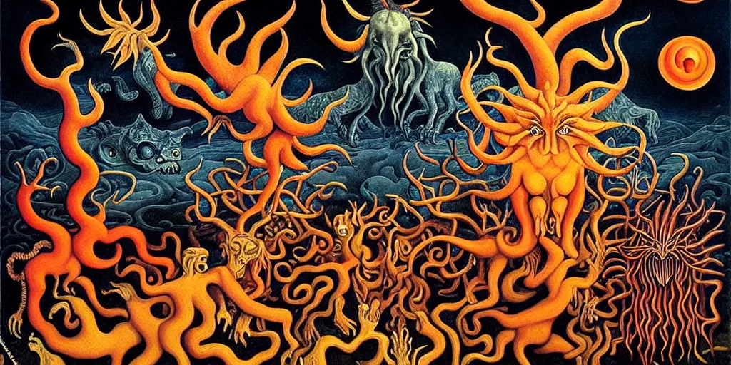 Prompt: fiery wild creatures and monsters in the imaginal realm of the collective unconscious, in a dark surreal painting by johfra, mc escher and ronny khalil