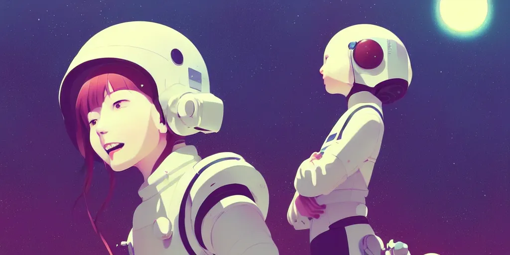 Image similar to portrait of a smiling girl in astronaut helmets by ilya kuvshinov, cloudy sky background lush landscape ln illustration concept art anime key visual trending pixiv by victo ngai fanbox by greg rutkowski makoto shinkai takashi takeuchi studio ghibli