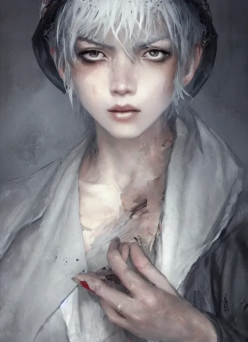 Image similar to girl with short white hair, tattered grey cloak, asian rice hat, beautiful highly detailed face, beautiful painting by artgerm and greg rutkowski and raymond swanland