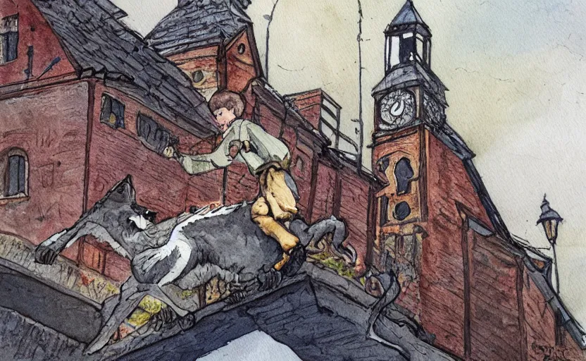 Prompt: a boy fighting a wolf on the edge of a clocktower, by taylor barron, watercolor, print