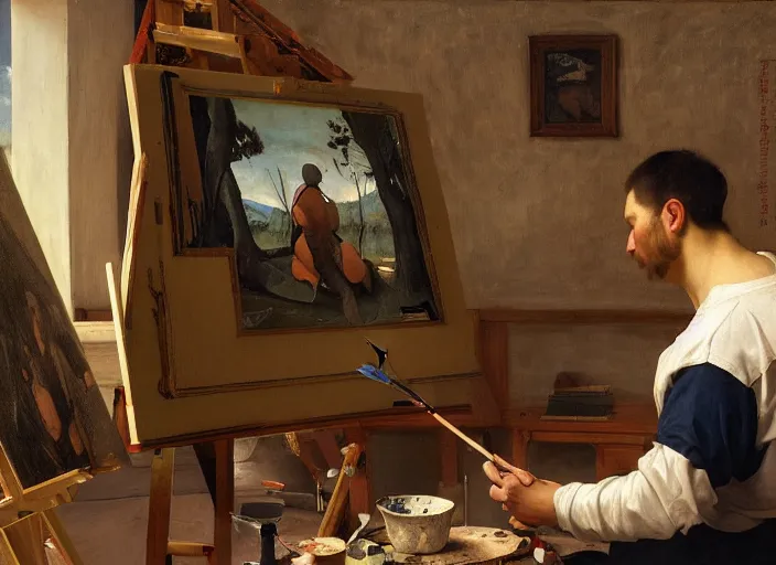 Prompt: a painter in his studio painting a picture of wojak memes, by edgar maxence and caravaggio and michael whelan and delacroix style, artistic, intricate drawing, cinematic lighting, hyper realistic, extremely detailed, establishing shot, 8 k resolution, dramatic lighting