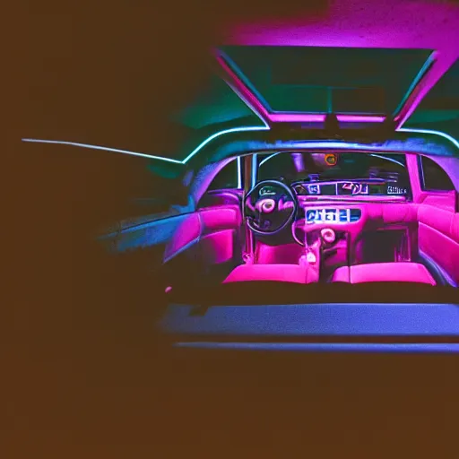 Image similar to photo of a 9 0 s fiat panda interior at night, with neon lights in the background, 3 5 mm