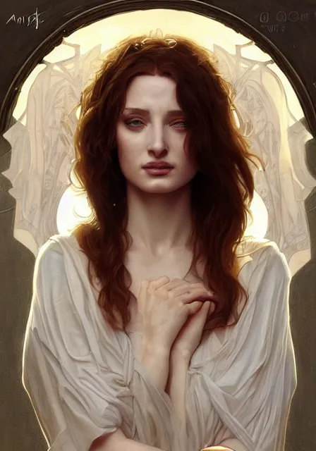 Image similar to sansa old mummy angeline jolie gessica chastain, intricate, elegant, highly detailed, digital painting, artstation, concept art, smooth, sharp focus, illustration, art by artgerm and greg rutkowski and alphonse mucha and william - adolphe bouguereau