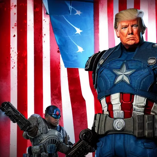 Image similar to Portrait! of President Donald Trump as ((captain america)) in Gears of War, patriotic, splash art, movie still, cinematic lighting, dramatic, octane render, long lens, shallow depth of field, bokeh, anamorphic lens flare, 8k, hyper detailed, 35mm film grain