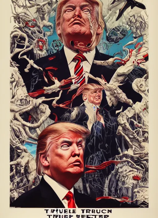 Image similar to donald trump's true disgustuing nature, horror, high details, intricate details, by vincent di fate, artgerm julie bell beeple, 1 9 8 0 s, inking, vintage 8 0 s print, screen print