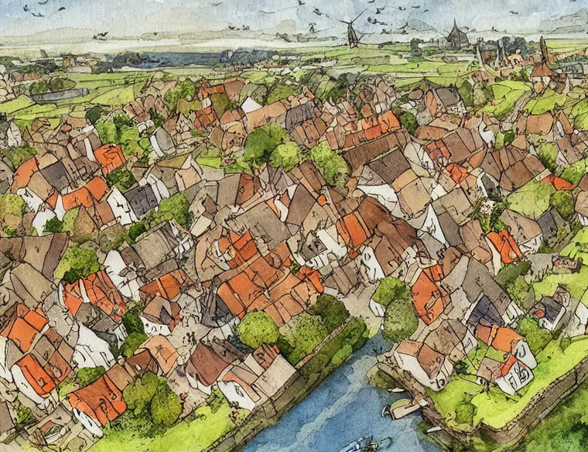 Prompt: a typical dutch village, isometric aerial view, whimsical watercolor illustration by anton pieck, very detailed, high resolution, ambient lighting