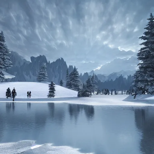Prompt: inside of frozen winter lakes without trees landscape of human mind and imagination, matte painting, beautiful render, octane render, concept art