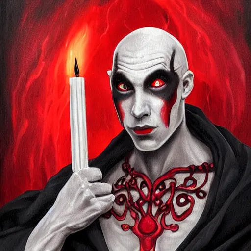 Prompt: d & d painting portrait necromancer man with bald head, red eyes, pallid skin, long flowing black and red robes. in style of randy vargas