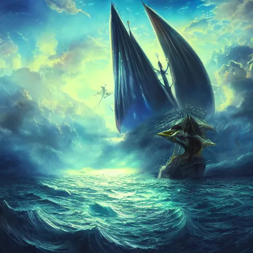 Image similar to majestical ship with a dragon flying above, beautiful composition, wide angle, colorful, cinematic, volumetric lighting, intricate details painting