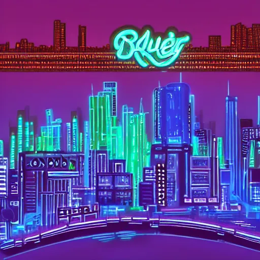 Prompt: a blue and green neon city in the style of blade runner