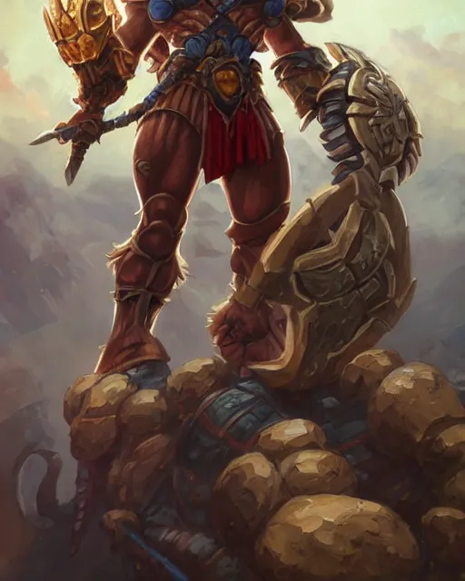 Image similar to He-Man!!!!!, close up, ghibli!! ,sci fi,fantasy, intricate, german iron cross chest armor ,elegant, loin cloth ,highly detailed, oil painting, artstation, concept art, matte, sharp focus, illustration, dramatic, sunset,hearthstone, art by Artgerm and Greg Rutkowski and Alphonse Mucha