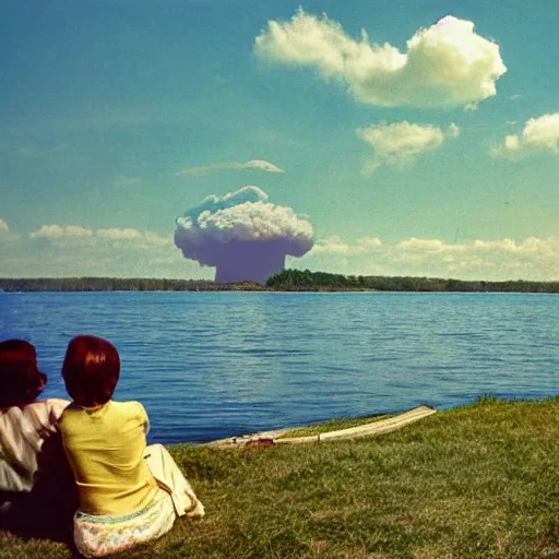 Image similar to color photograph from the sixties of people sitting by a lake in summer looking at a mushroom cloud on the horizon, faded colors, light leaks