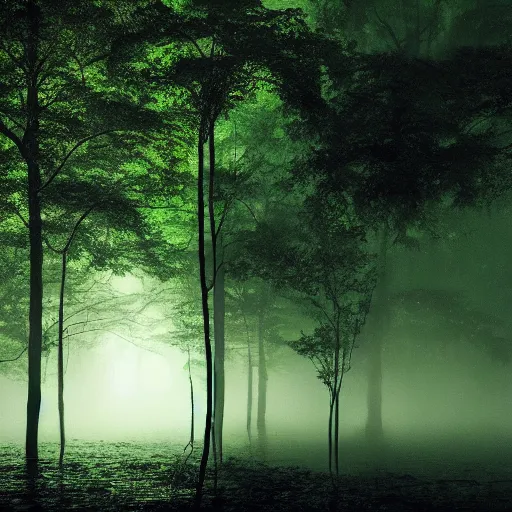 Image similar to deep rain forest scene, dark, dense fog, greenish lights