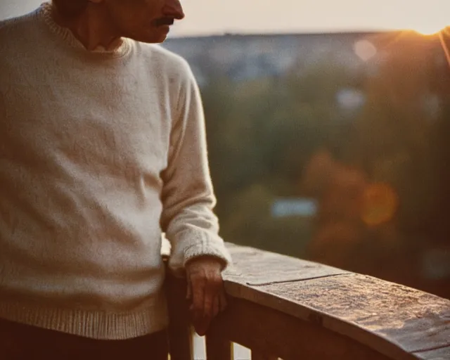 Image similar to award - winning lomographic tarkovsky film still of 4 0 years russian man with beard and sweater standing on small hrushevka 9 th floor balcony in taiga looking at sunset, cinestill, bokeh