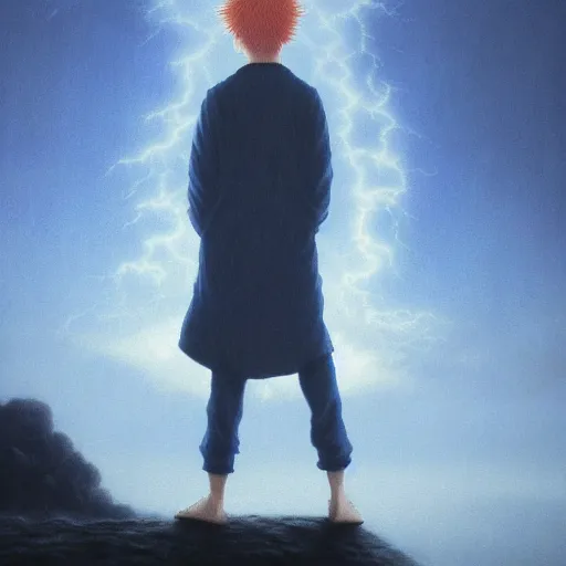 Prompt: killua zoldyck made by zdzisław beksinski, thunderstorm, lighting, blue, pose, 8 k, detailed, high quality, 8 k, detailed clothes