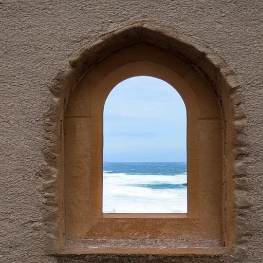 Prompt: a mullioned window through which you can see the sea with big shark fins