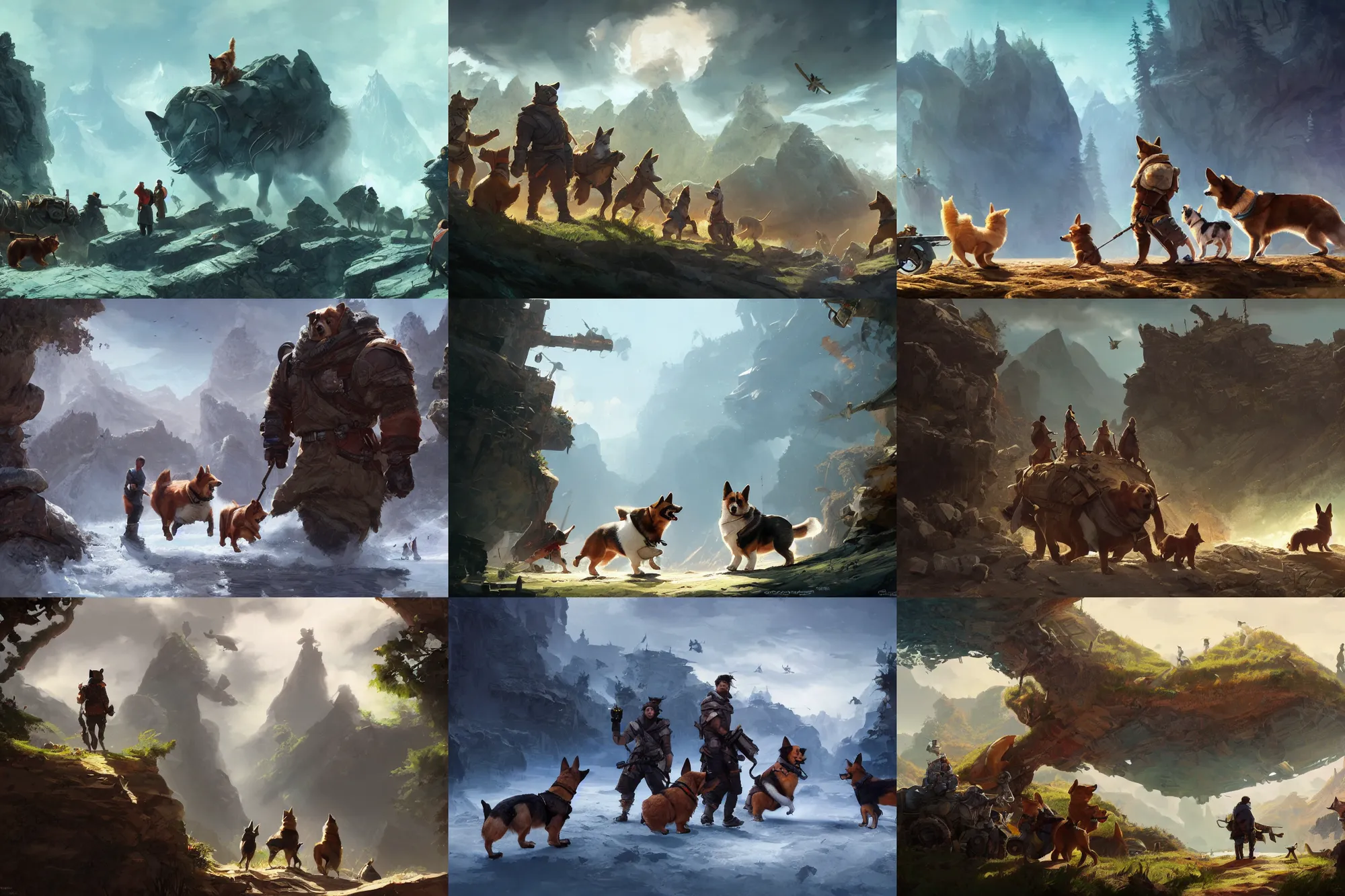 Prompt: an adventurer group with a giant corgi behind them, epic, digital art in the style of Greg Rutkowski and Craig Mullins, 4k