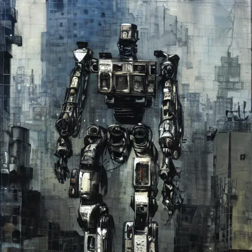 Prompt: a full-metal robot walks around the devastated downtown of Santiago of Chile, oil on canvas by Yoji Shinkawa and Dave McKean