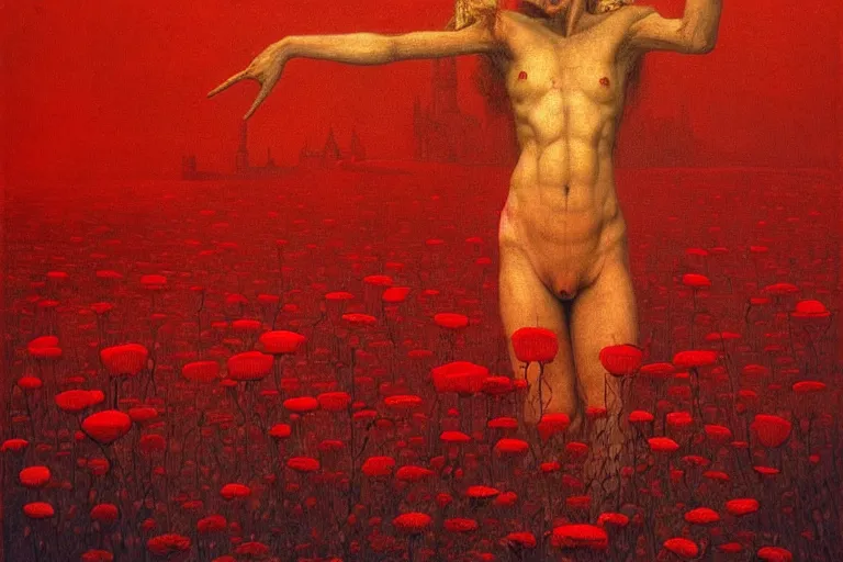 Image similar to only with red, red flowers of different types, a red tiger, a castle in the background, medieval demons dance over the flowers, an ancient path, in the style of beksinski, part by hopper, part by rodcenko, part by hofbauer, intricate composition, red by caravaggio, insanely quality, highly detailed, masterpiece, red light, artstation