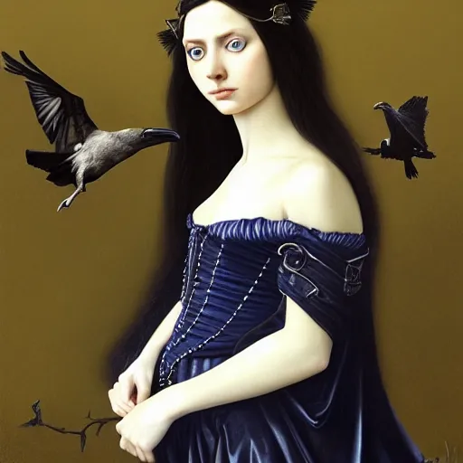 Image similar to full body portrait of a girl with blue eyes, gentle face, long dark hair, intricate detailed goth dress, among ravens, highly detailed, deep focus, elegant, digital painting, smooth, sharp focus, golden ratio, illustration, ultra realistic, 8 k, art by artgerm, artemisia lomi gentileschi and caravaggio