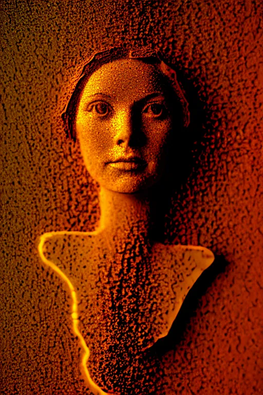 Image similar to portrait of a woman made by wet clay filing drop, ice - carving, editorial photography, film grain, f / 2 2, low contrast, kodachrome, 3 - dimensional, 4 k, hsv, quaternary, 6 spotlight, nixie tube, matte, dirt, mud, clay