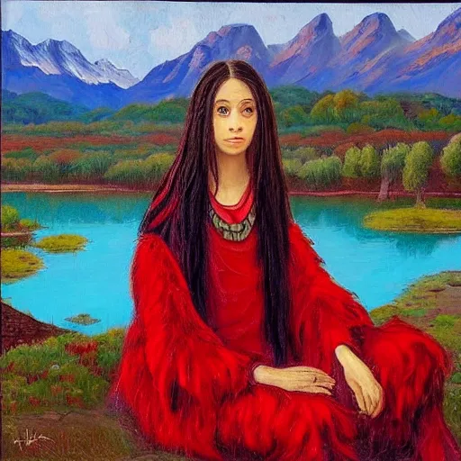 Prompt: “prompt Young Harpy-Girl, red feathered wings, wearing Inka clothes, sad expression, sitting at a pond, mountainous area, trees in the background, oil painting”