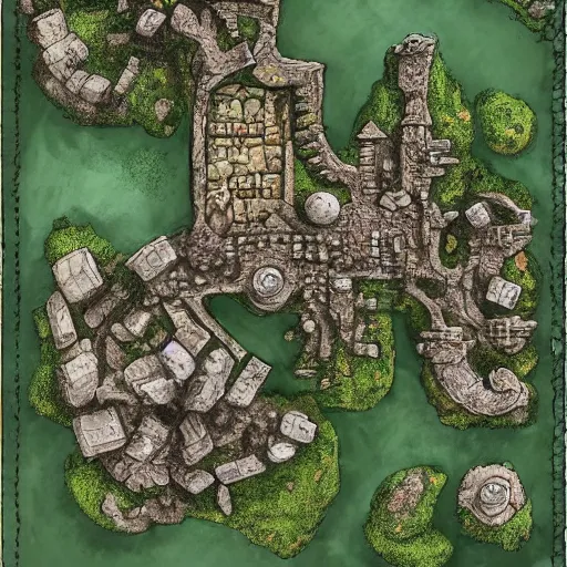 Image similar to overhead RPG battlemap of a stone fort sitting above a swamp, detailed, hand-painted, drivethruRPG top seller popular