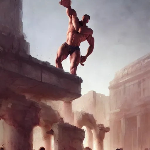 Prompt: The seasoned bodybuilder knocking down the columns of the Philistines , Greg rutkowski, Trending artstation, cinematográfica, digital Art