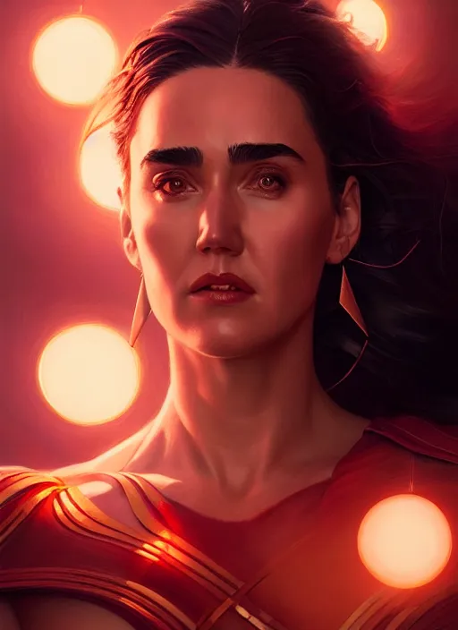 Prompt: portrait of darna young jennifer connelly, intricate, elegant, glowing lights, highly detailed, digital painting, artstation, glamor pose, concept art, smooth, sharp focus, illustration, art by wlop, mars ravelo and greg rutkowski