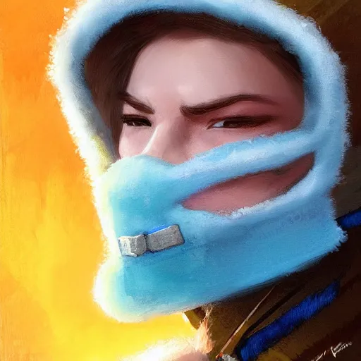 Image similar to snow bandit from ‘ icewind dale ’ with a bright blue gem mask, ‘ icewind dale 2 ’ profile portrait by ‘ justin sweet ’, falling snow, soft focus, illustration, oil paint, artstation