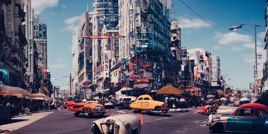 Prompt: low angle wide shot, street scene, retro futuristic vintage shiny polished traffic mainly cars and motorcycles, volumetric lighting, beautiful, day time, spring, sunny weather, sharp focus, highly detailed, photorealistic, 4 0 0 0 k, f 1. 4, cgsociety