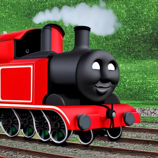 Prompt: photo realistic black and red thomas the tank engine with a white face going fast