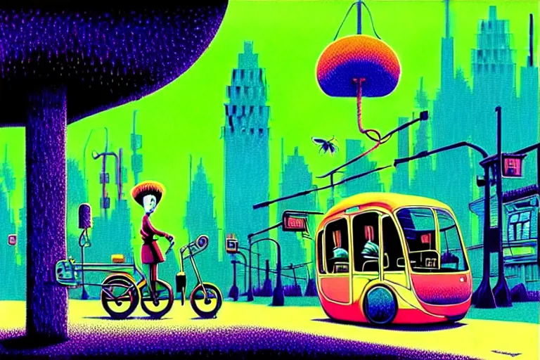 Prompt: surreal glimpse into other universe, city transportation by tesla incorporation, summer morning, very coherent and colorful high contrast, art by!!!! gediminas pranckevicius!!!!, geof darrow, floralpunk screen printing woodblock, dark shadows, hard lighting, stipple brush technique,